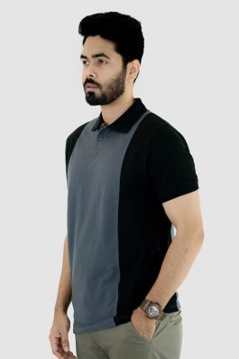 Polo Shirt Contrast Pique Cotton Fabric (Silver Grey/Black)