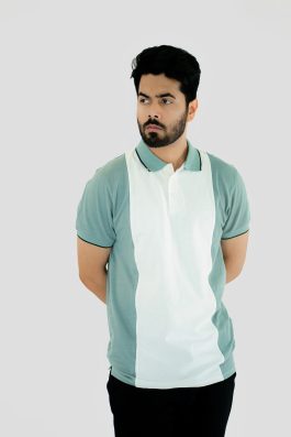 Polo T-Shirt Contrast Pique Cotton Fabric (White/Torquoise Blue)